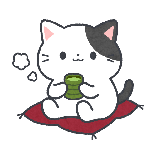 座布団に座りお茶を飲んで休憩する猫のイラスト ネコスト