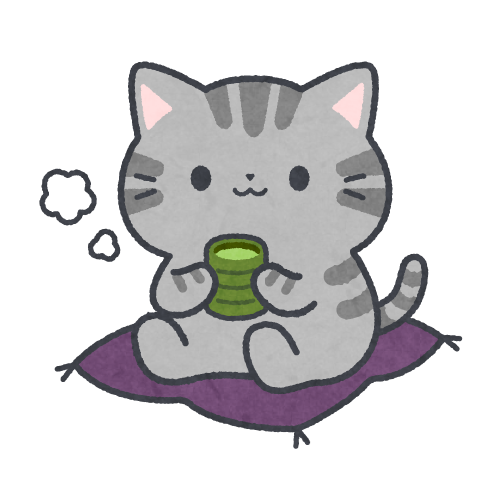 座布団に座りお茶を飲んで休憩する猫のイラスト | ネコスト